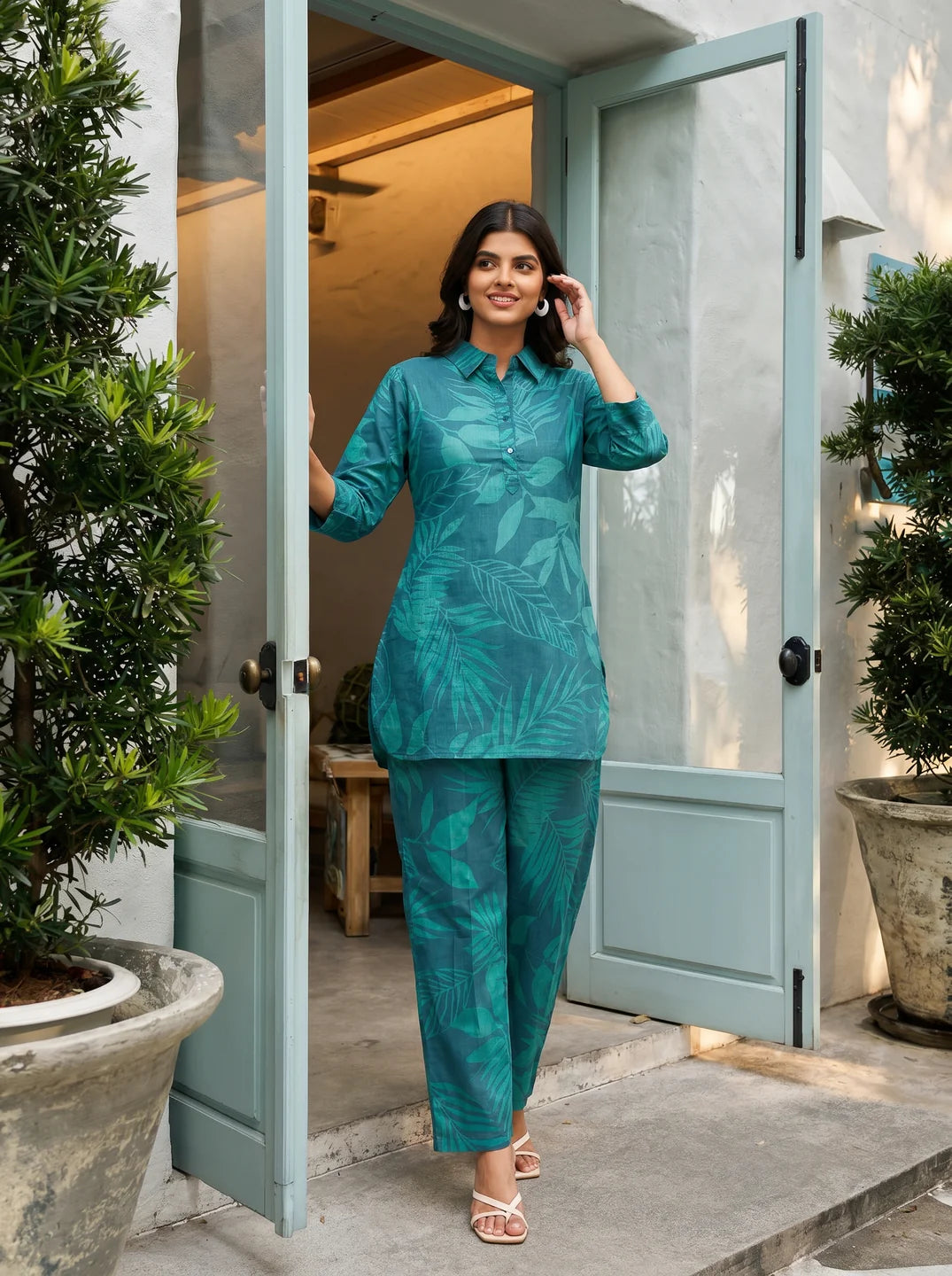 Dark Green Leaf Print Shirt Collar Cotton Cambric Co-ord Set