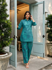 Dark Green Leaf Print Shirt Collar Cotton Cambric Co-ord Set