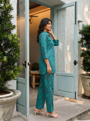 Dark Green Leaf Print Shirt Collar Cotton Cambric Co-ord Set