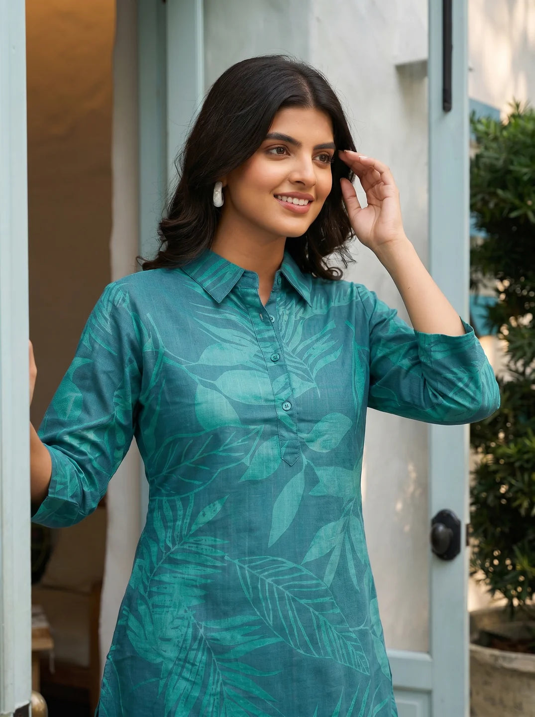Dark Green Leaf Print Shirt Collar Cotton Cambric Co-ord Set