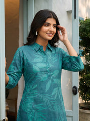 Dark Green Leaf Print Shirt Collar Cotton Cambric Co-ord Set