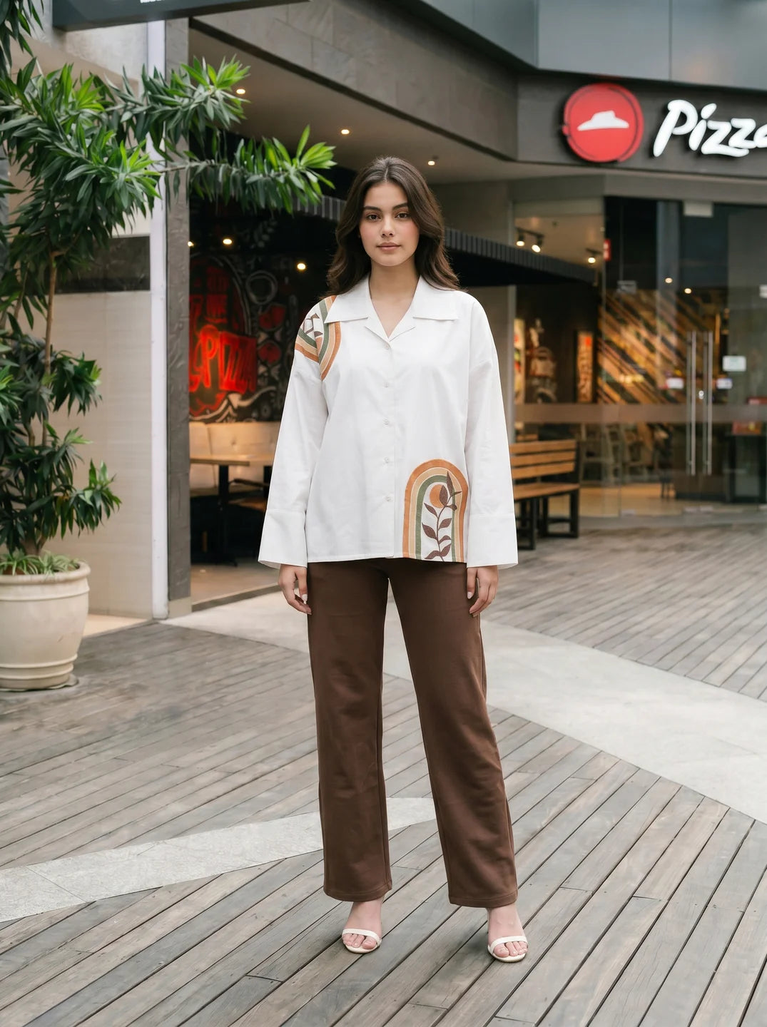 White Hand-Painted Off-Shoulder Loose Shirt in Cotton Poplin