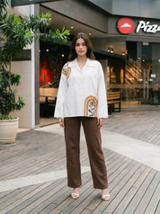 White Hand-Painted Off-Shoulder Loose Shirt in Cotton Poplin