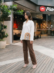 White Hand-Painted Off-Shoulder Loose Shirt in Cotton Poplin