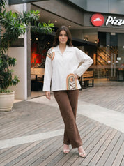 White Hand-Painted Off-Shoulder Loose Shirt in Cotton Poplin