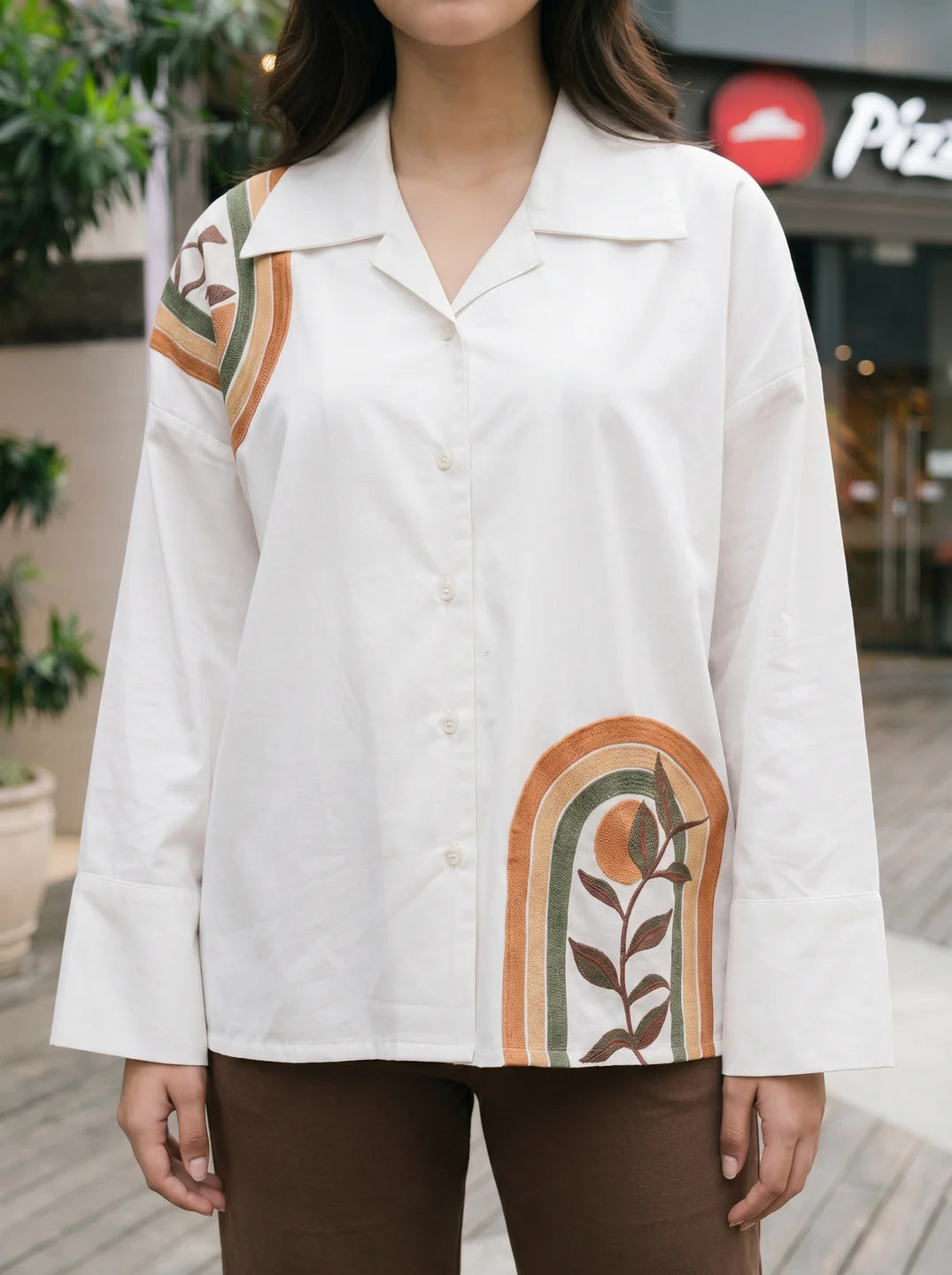 White Hand-Painted Off-Shoulder Loose Shirt in Cotton Poplin