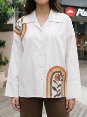 White Hand-Painted Off-Shoulder Loose Shirt in Cotton Poplin