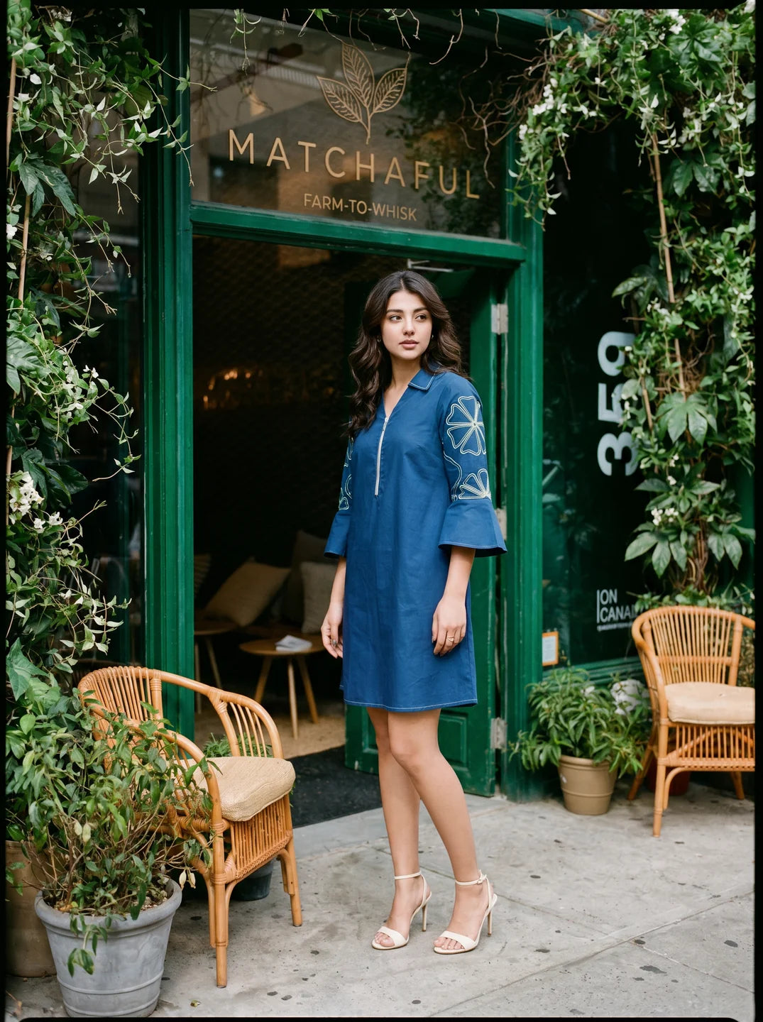Peacock Blue Embroidered Bell Sleeve Mini Dress in Cotton Poplin