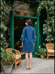 Peacock Blue Embroidered Bell Sleeve Mini Dress in Cotton Poplin