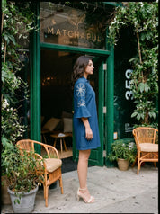 Peacock Blue Embroidered Bell Sleeve Mini Dress in Cotton Poplin