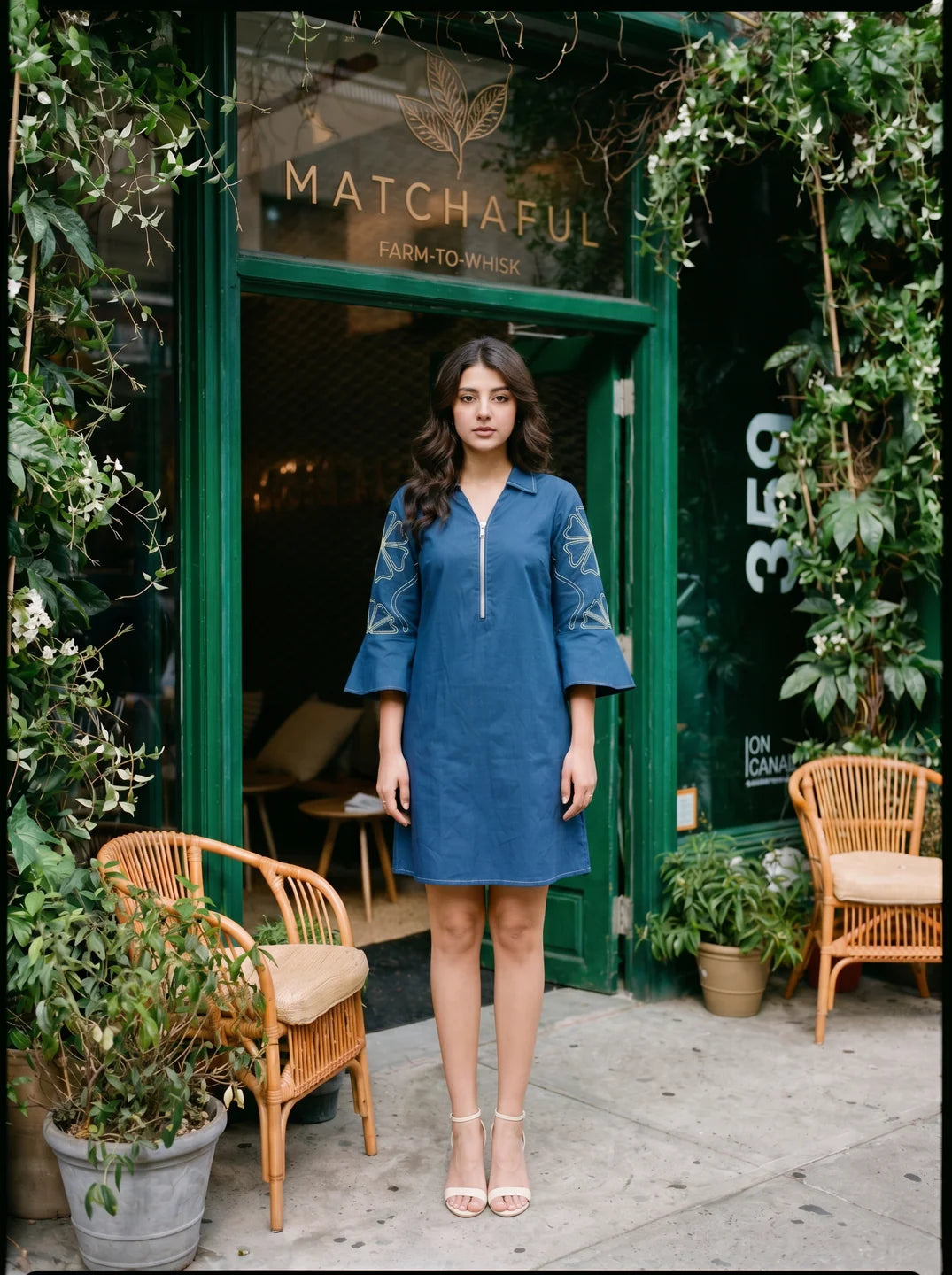 Peacock Blue Embroidered Bell Sleeve Mini Dress in Cotton Poplin