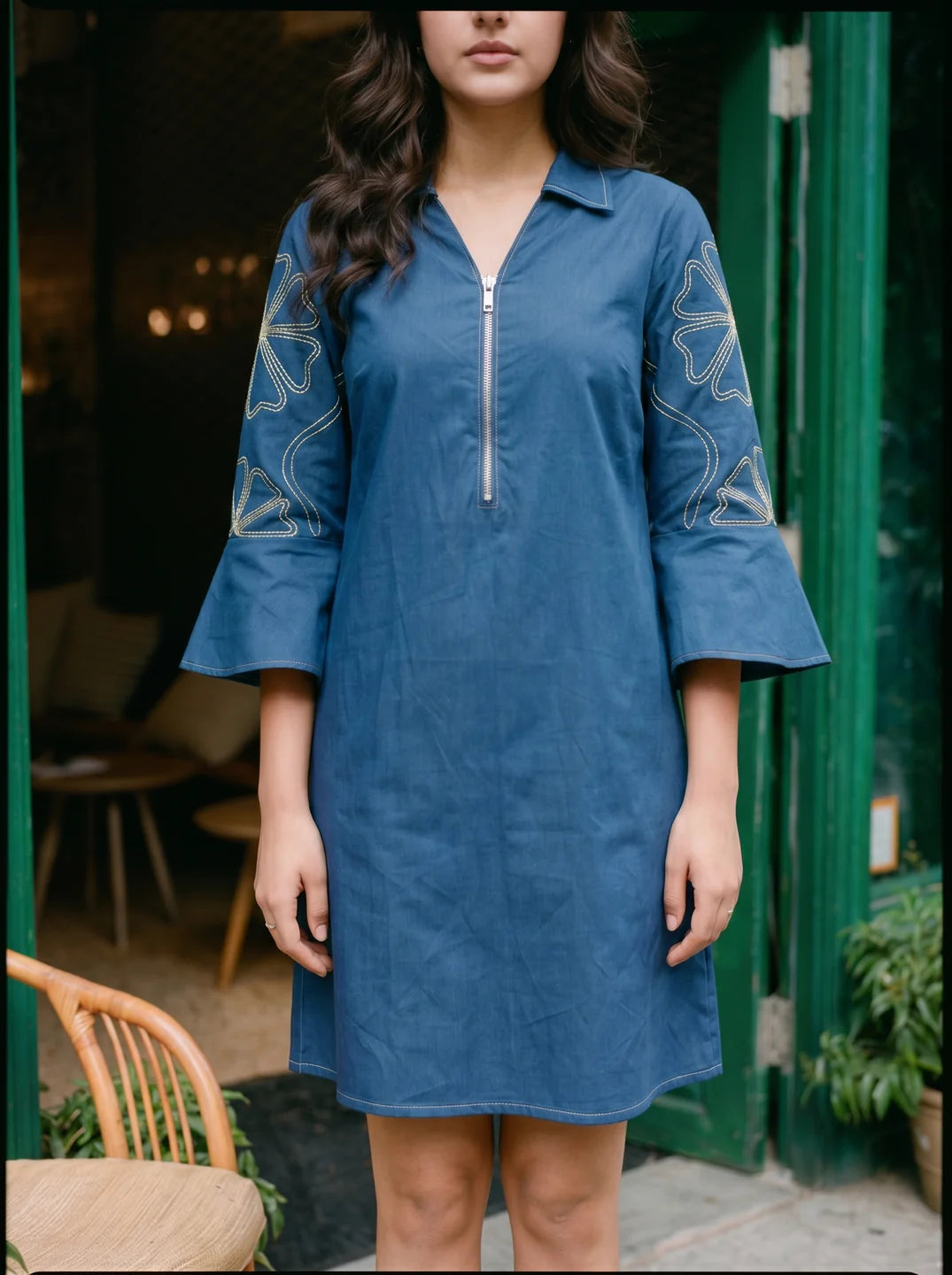 Peacock Blue Embroidered Bell Sleeve Mini Dress in Cotton Poplin