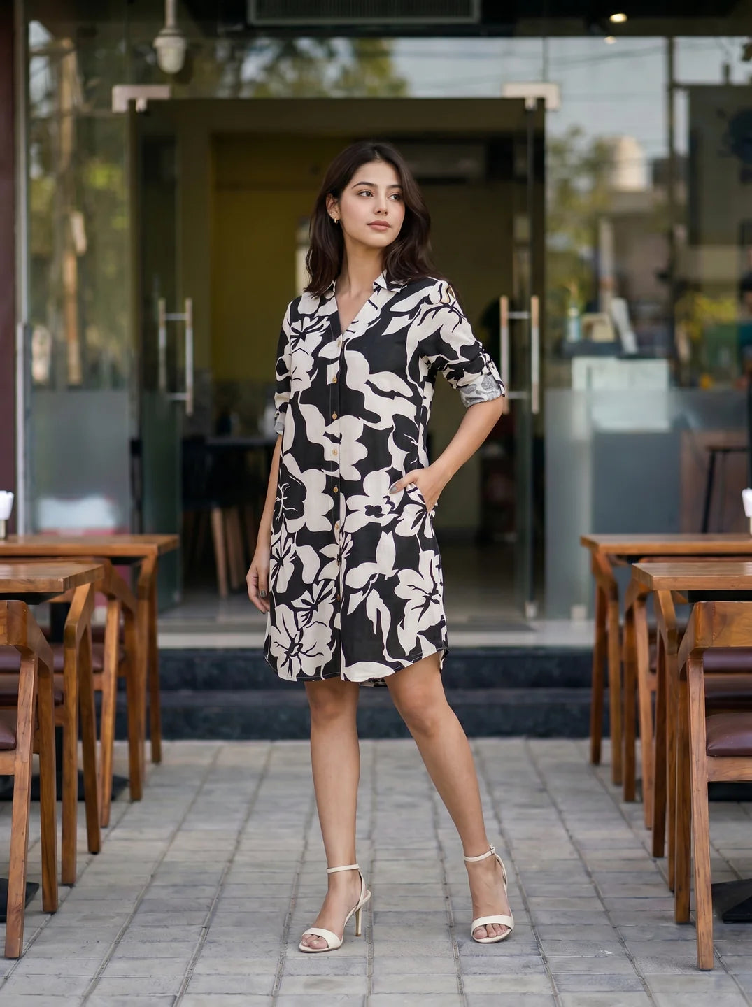 Buy Cream & Black Floral Shirt Mini Dress