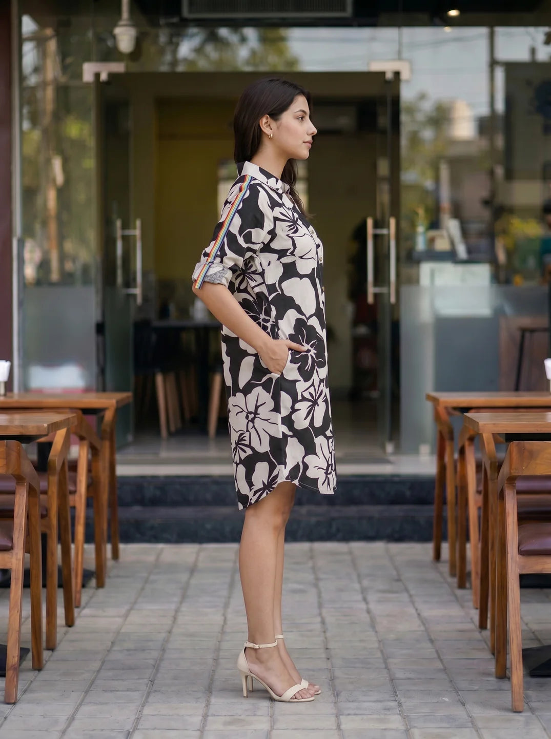 Cream & Black Floral Shirt Dress with Rainbow Tape Detail in Cotton Flex