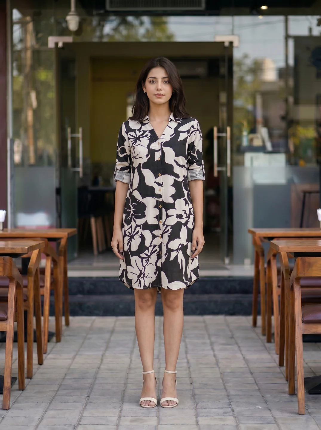 Cream & Black Floral Shirt Dress with Rainbow Tape Detail in Cotton Flex