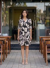 Cream & Black Floral Shirt Dress with Rainbow Tape Detail in Cotton Flex