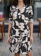Cream & Black Floral Shirt Dress with Rainbow Tape Detail in Cotton Flex