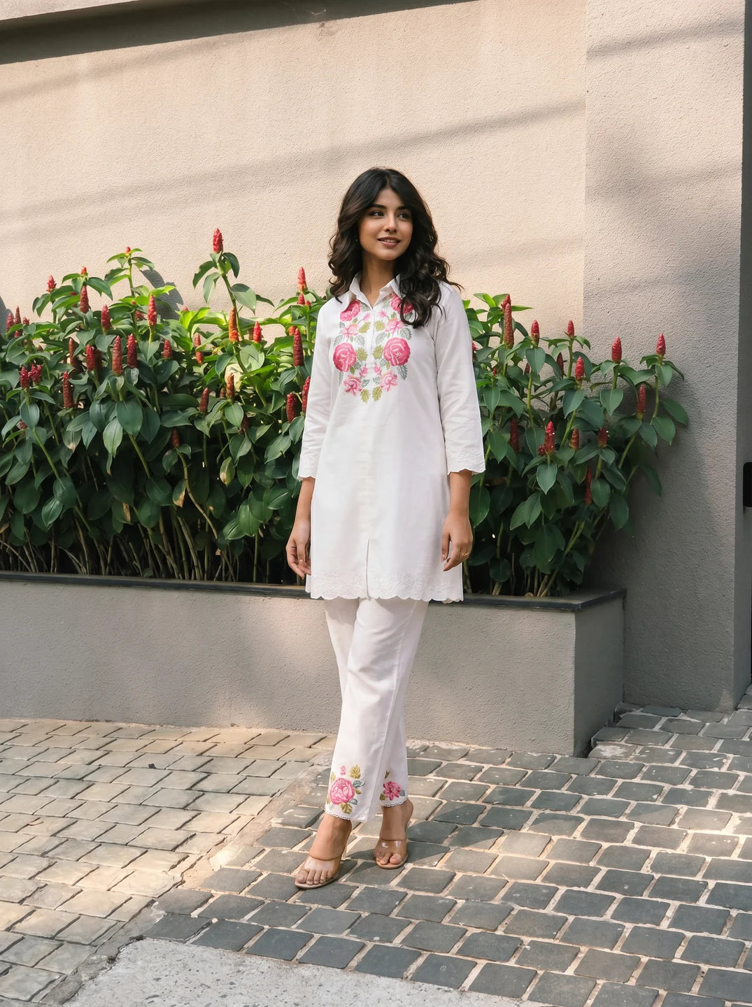 White Floral Embroidered Collar Co-Ord Set in Chinon