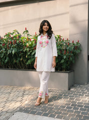 White Floral Embroidered Collar Co-Ord Set in Chinon