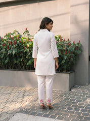 White Floral Embroidered Collar Co-Ord Set in Chinon