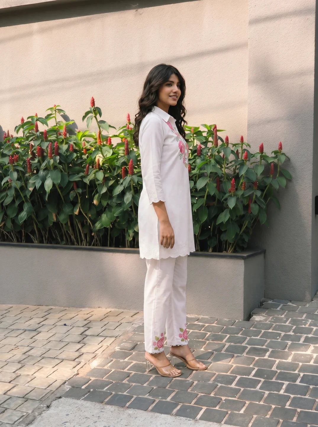 White Floral Embroidered Collar Co-Ord Set in Chinon