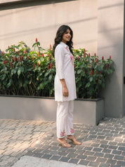 White Floral Embroidered Collar Co-Ord Set in Chinon