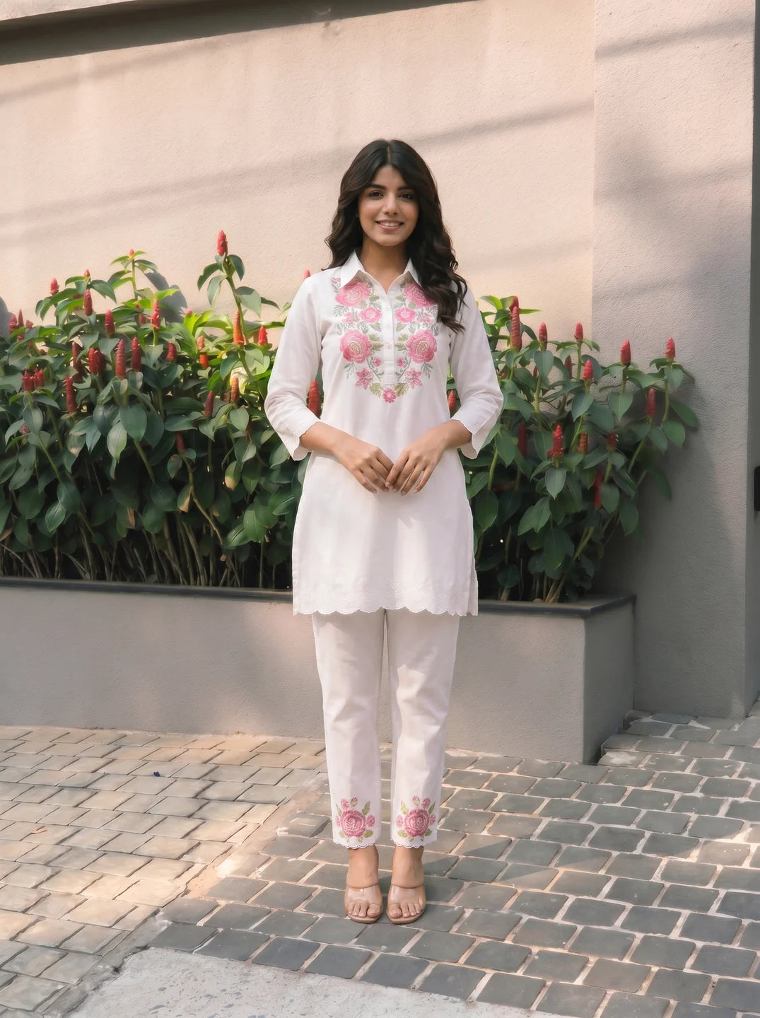 White Floral Embroidered Collar Co-Ord Set in Chinon