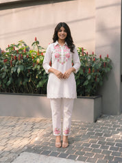 White Floral Embroidered Collar Co-Ord Set in Chinon