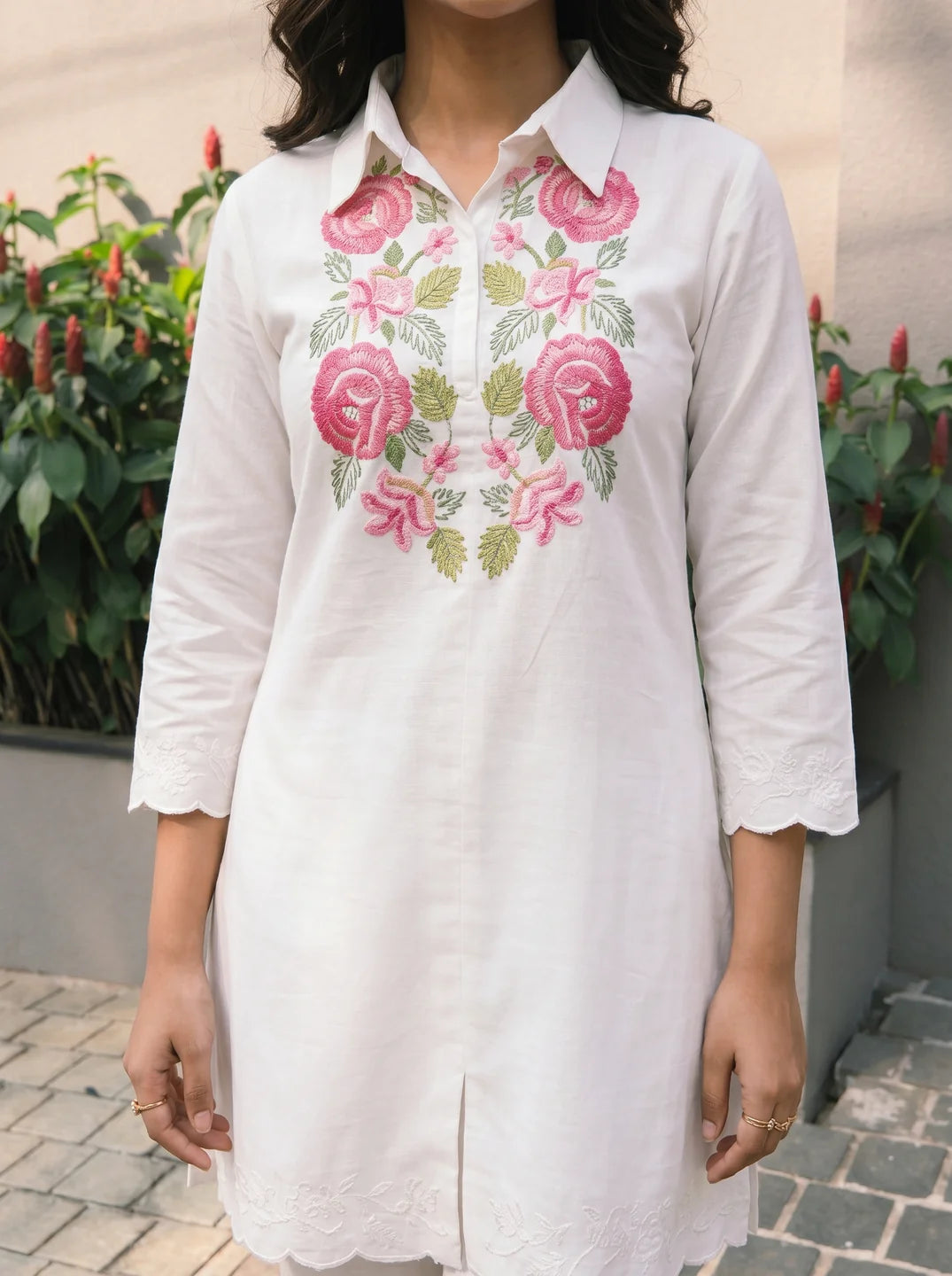 White Floral Embroidered Collar Co-Ord Set in Chinon