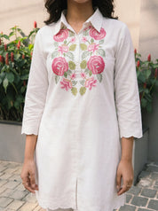 White Floral Embroidered Collar Co-Ord Set in Chinon