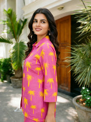 Bright Pink Printed Shirt Collar Co-ord Set in Cotton Cambric