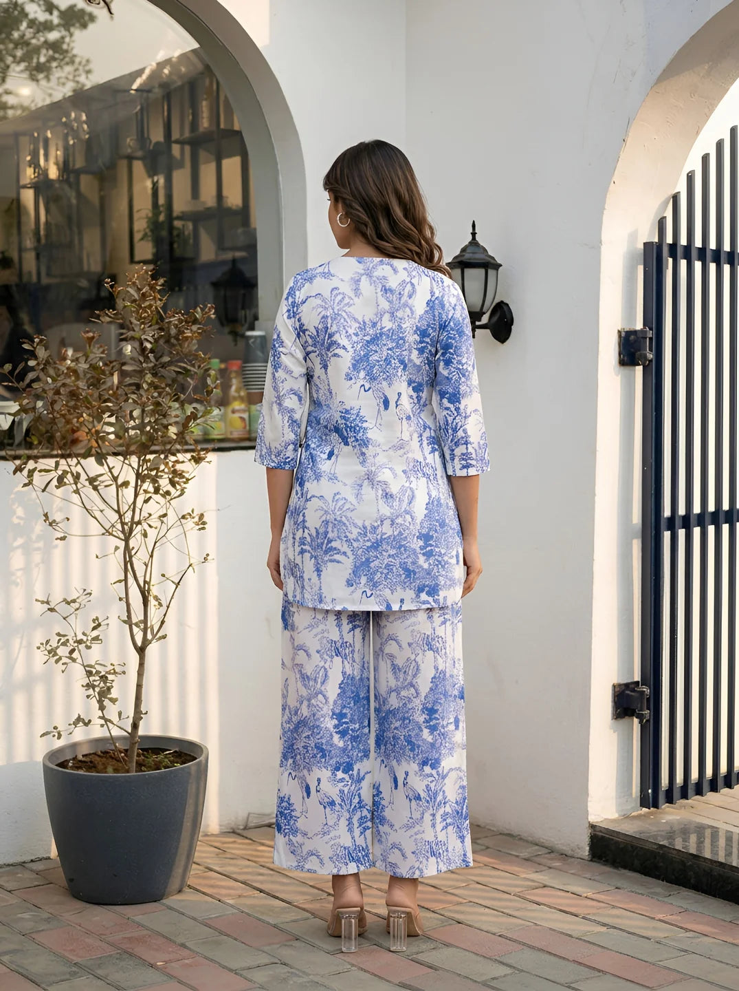 White & Blue Tree & Bird Motif Printed Cotton Cambric Co-Ord Set