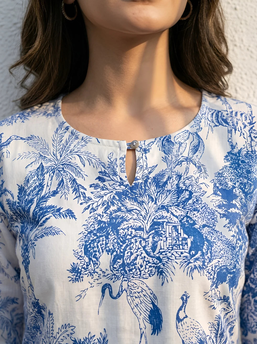 White & Blue Tree & Bird Motif Printed Cotton Cambric Co-Ord Set