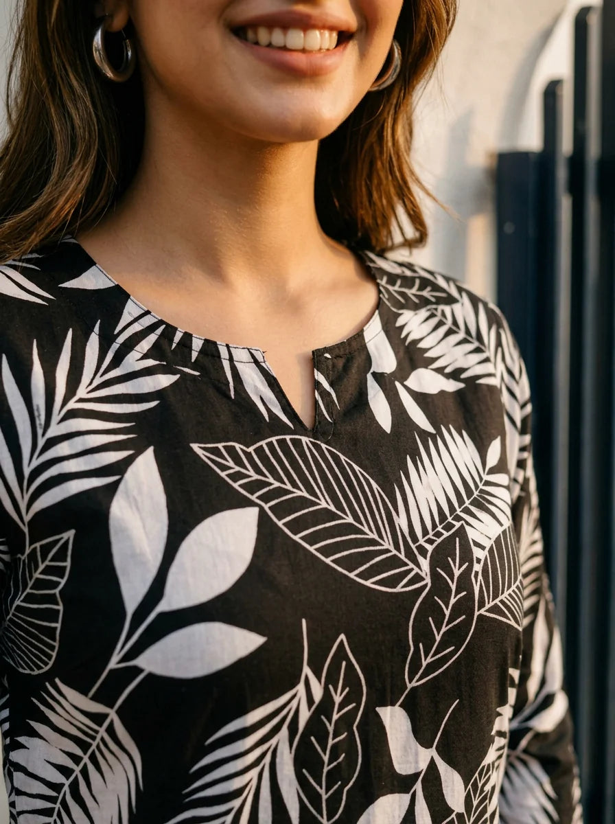 Monochrome Bold Leaf Printed Cotton Cambric Co-Ord Set