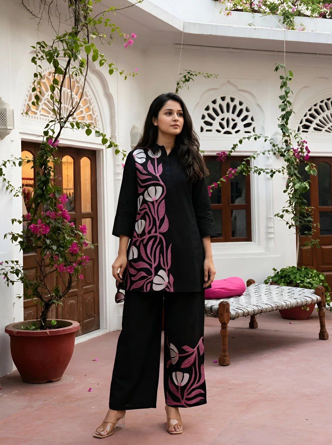 Black co ord set for women with fashionable matching design and sophisticated modern casual styling
