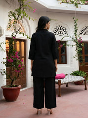 Black Floral Placement Embroidered Co-Ord Set in Roman Silk