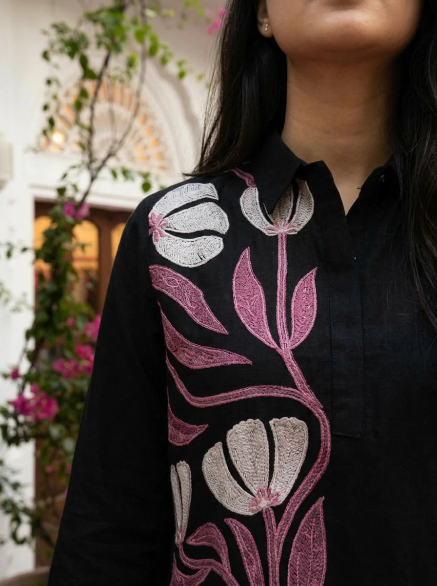 Black Floral Placement Embroidered Co-Ord Set in Roman Silk