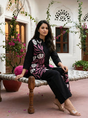Black Floral Placement Embroidered Co-Ord Set in Roman Silk