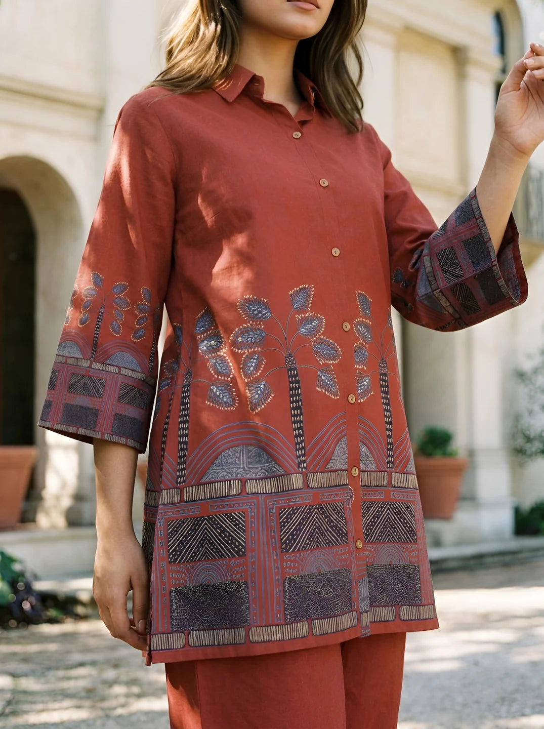 Brown short kurti for women with stylish modern ethnic fusion fashion and premium breathable fabric