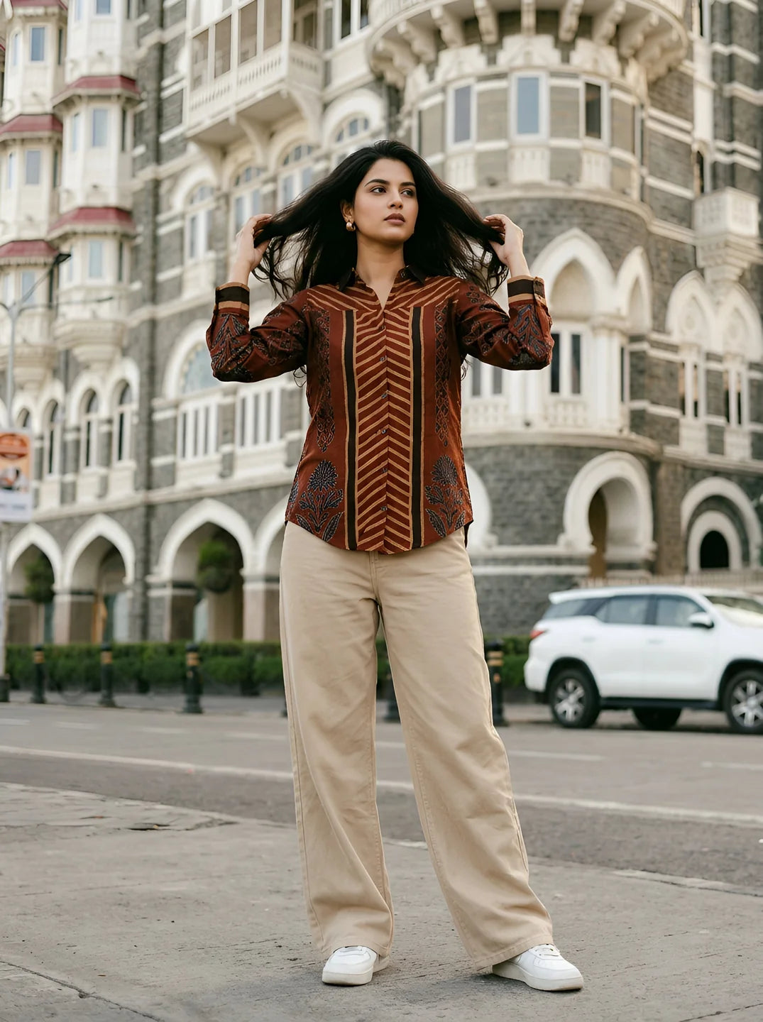 Rust Abstract Printed Shirt with Asymmetric Hem in Muslin