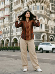 Rust Abstract Printed Shirt with Asymmetric Hem in Muslin