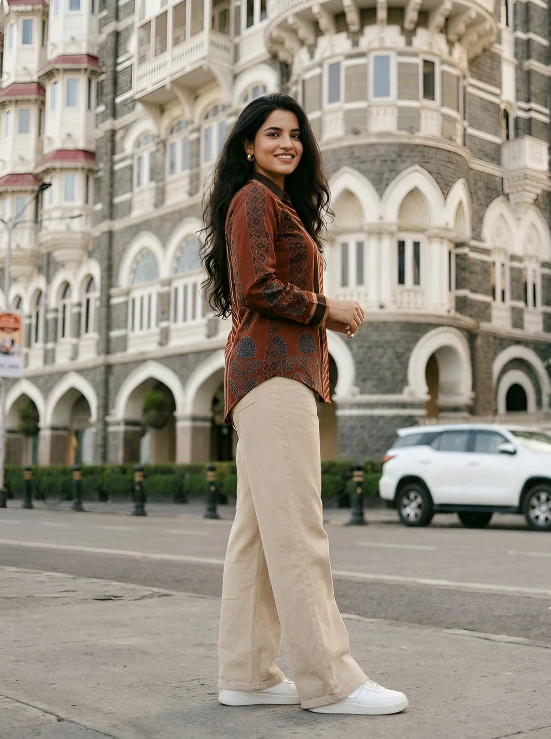 Rust Abstract Printed Shirt with Asymmetric Hem in Muslin