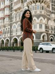 Rust Abstract Printed Shirt with Asymmetric Hem in Muslin