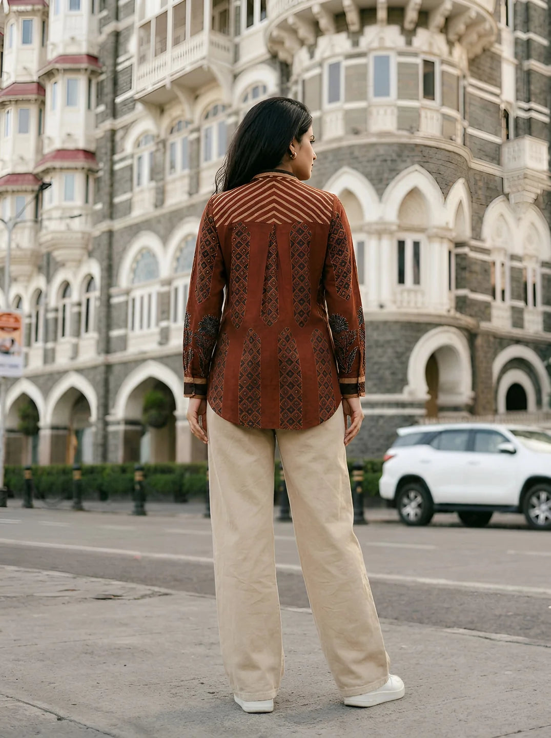 Rust Abstract Printed Shirt with Asymmetric Hem in Muslin
