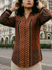Rust Abstract Printed Shirt with Asymmetric Hem in Muslin