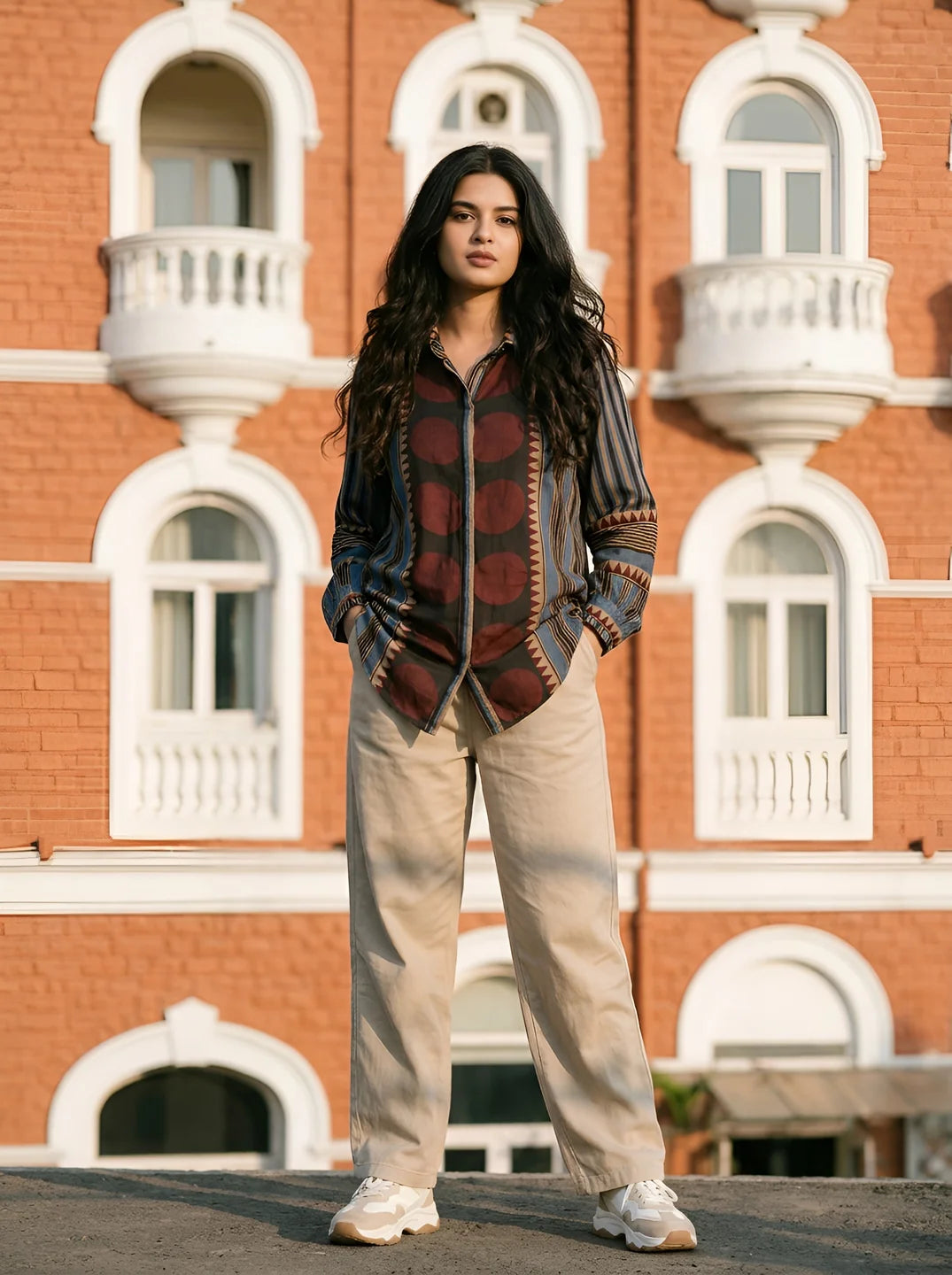 Multicolor Concealed Placket Shirt with Asymmetric Hem in Muslin