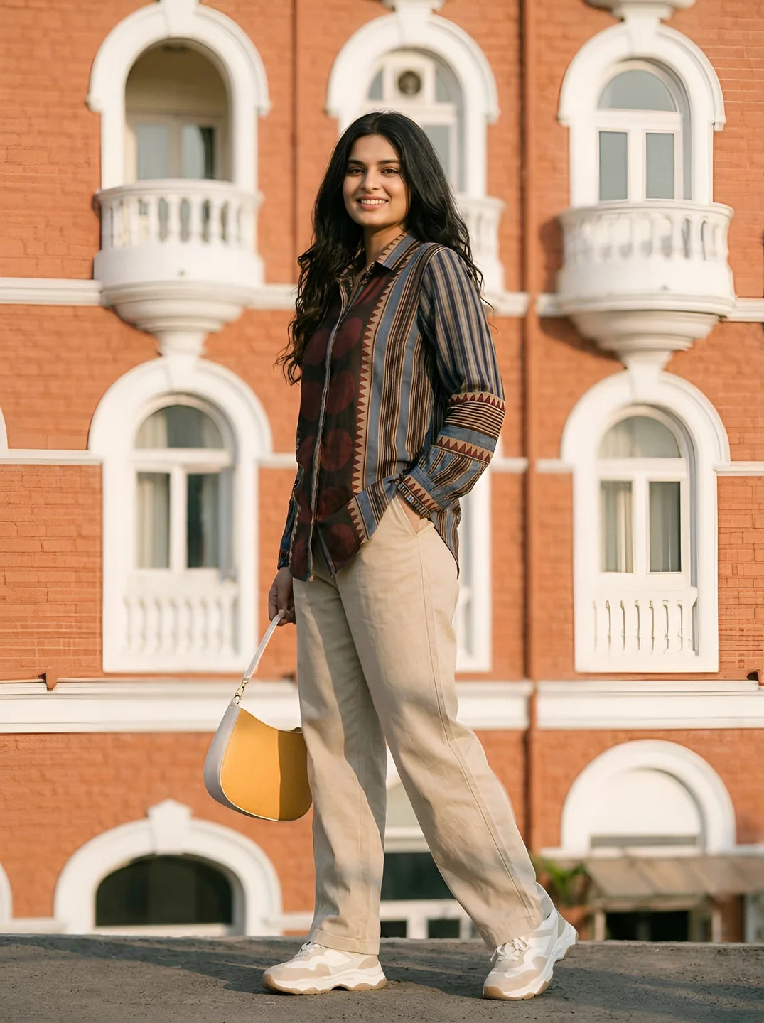 Multicolor Concealed Placket Shirt with Asymmetric Hem in Muslin