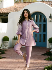 Iris Color Placement Embroidered Ethnic Set in Roman Silk