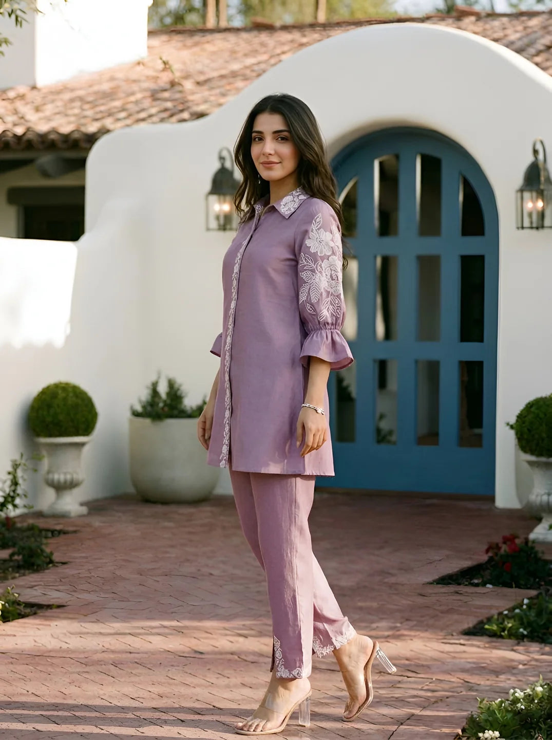 Iris Color Placement Embroidered Ethnic Set in Roman Silk