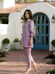 Iris Color Placement Embroidered Ethnic Set in Roman Silk